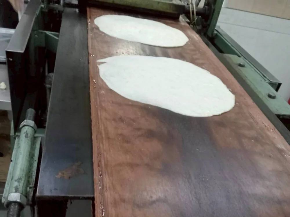 Two freshly pressed flour tortillas on the belt of the tortilla press